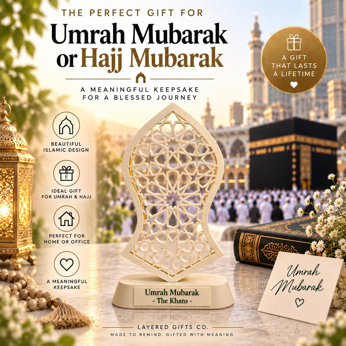 Personalised Umrah Mubarak LED Gift, Islamic Keepsake, Hajj Gift, Muslim Home Decor, Custom Family Gift