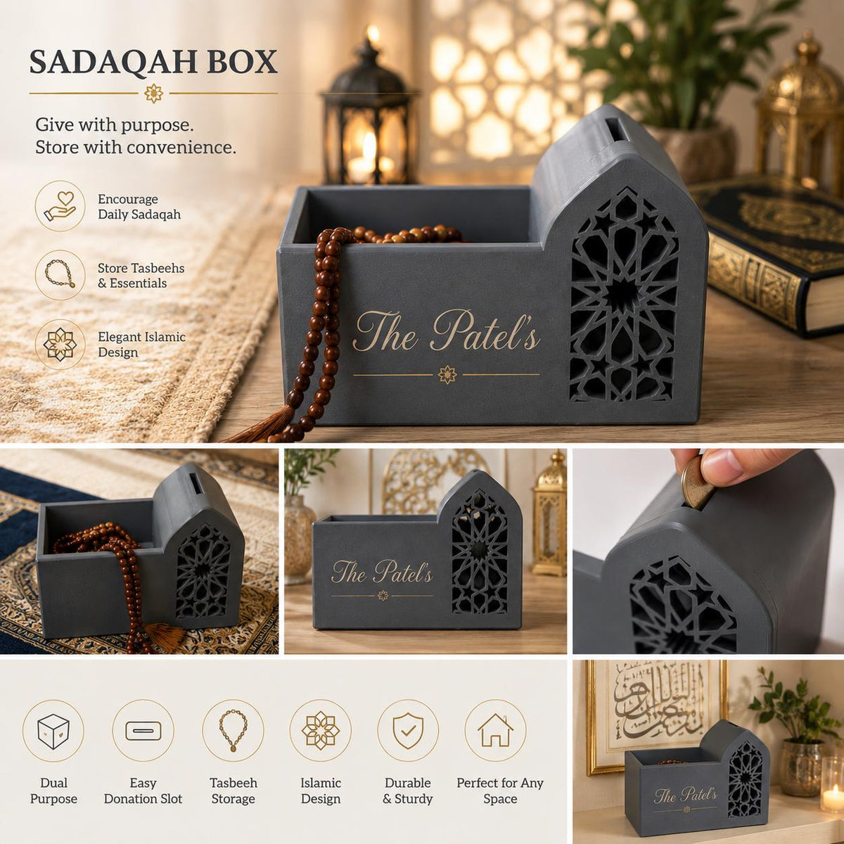 Personalised Sadaqah Box with Tasbeeh Storage | Islamic Charity Box | Muslim Home Decor | Gift Idea | Custom Donation Box