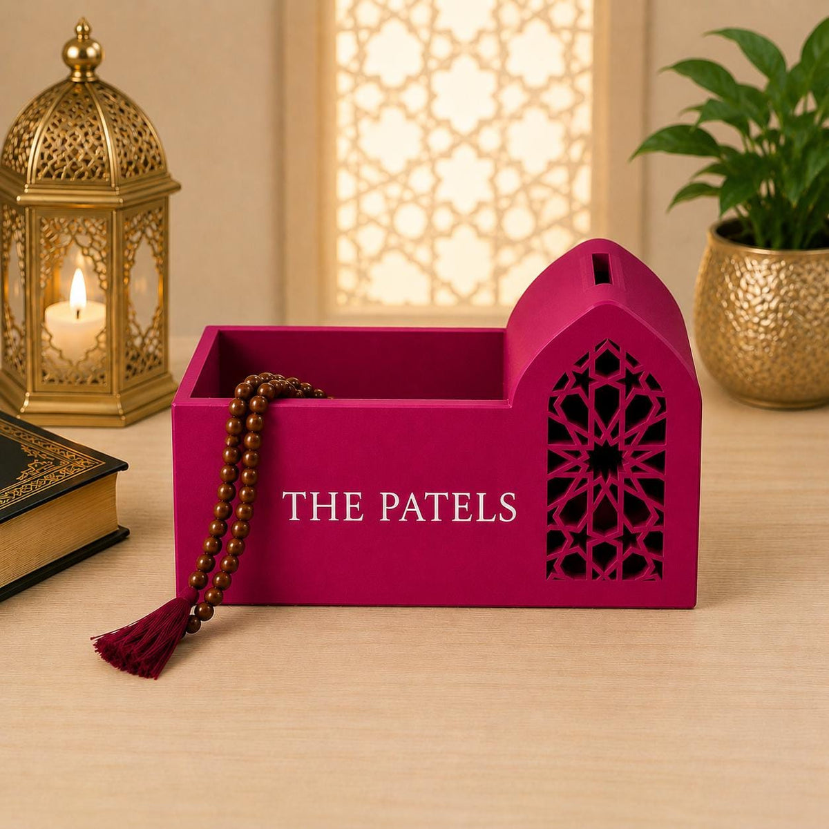 Personalised Sadaqah Box with Tasbeeh Storage | Islamic Charity Box | Muslim Home Decor | Gift Idea | Custom Donation Box