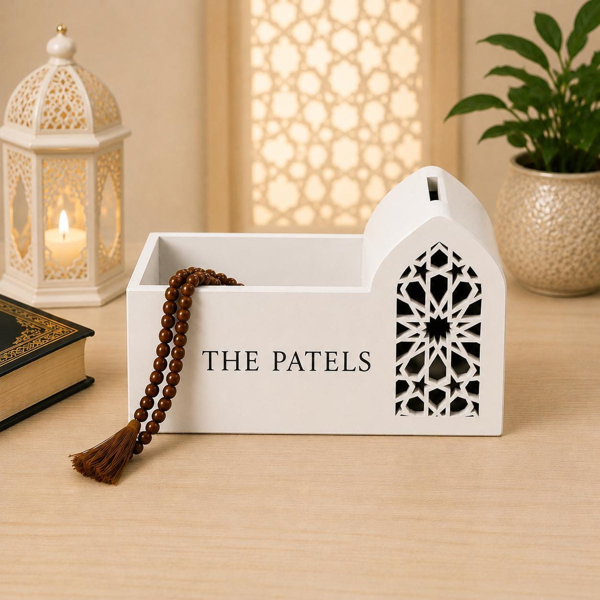 Personalised Sadaqah Box with Tasbeeh Storage | Islamic Charity Box | Muslim Home Decor | Gift Idea | Custom Donation Box