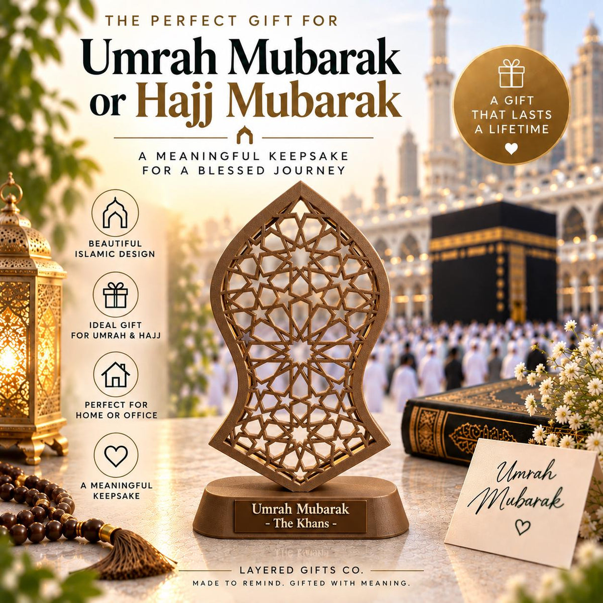 Personalised Umrah Mubarak LED Gift, Islamic Keepsake, Hajj Gift, Muslim Home Decor, Custom Family Gift